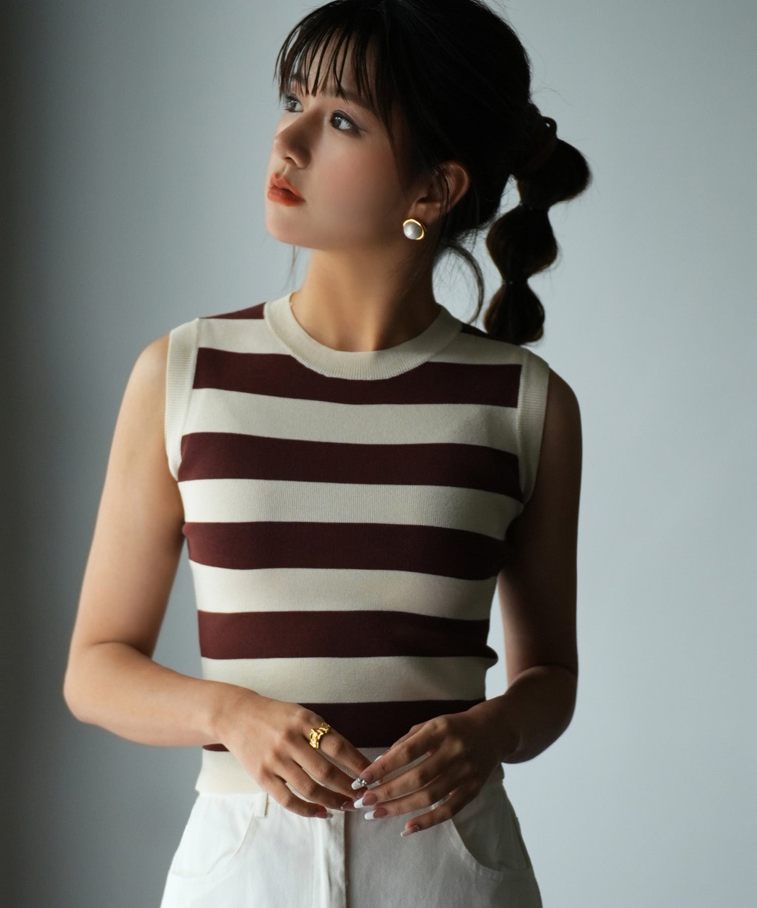 クルーネック配色ボーダーノースリーブニットsdpxyf6077 ブラウン