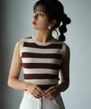 クルーネック配色ボーダーノースリーブニットsdpxyf6077 ブラウン