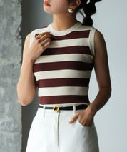 クルーネック配色ボーダーノースリーブニットsdpxyf6077 ブラウン