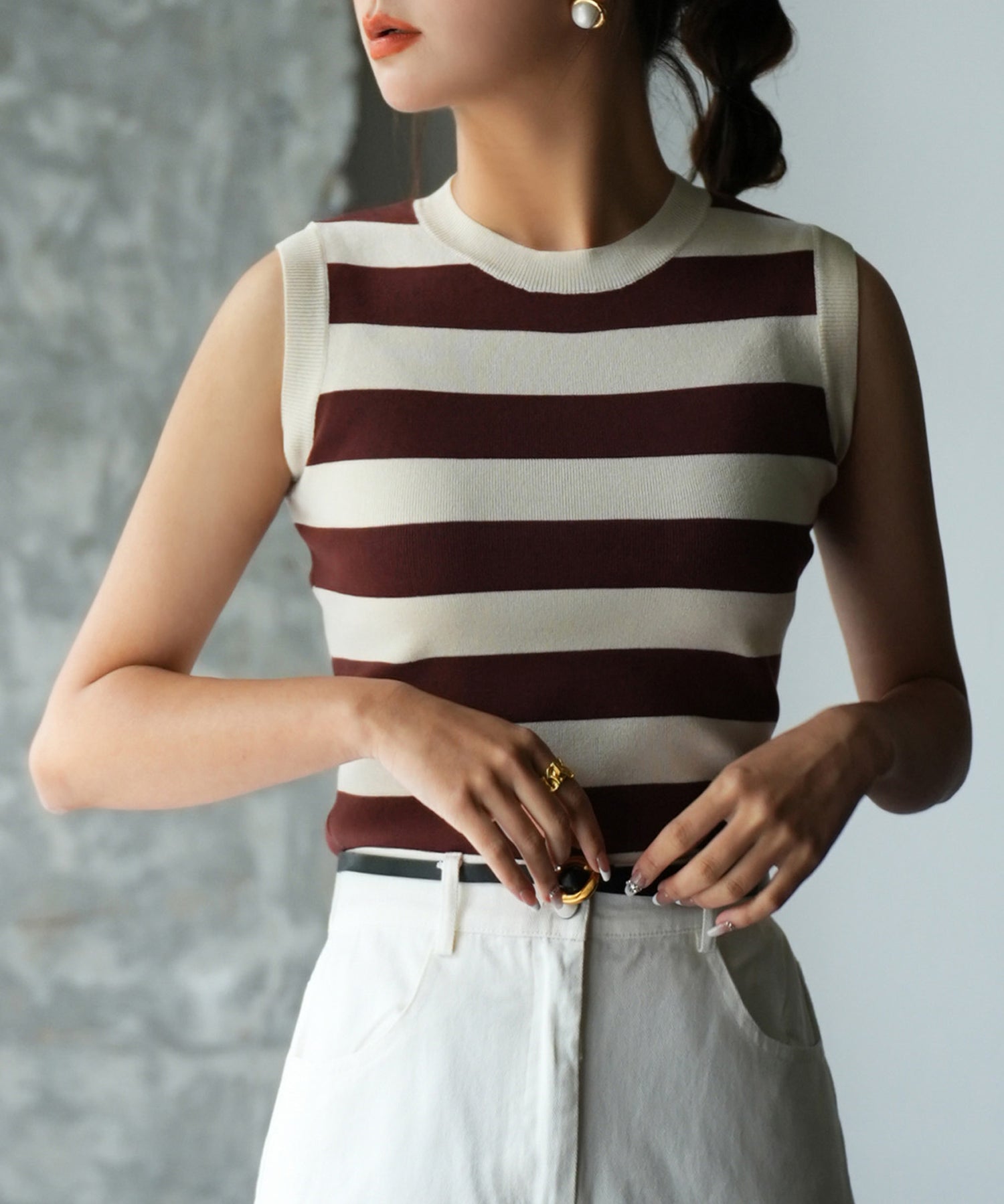 クルーネック配色ボーダーノースリーブニットsdpxyf6077 ブラウン