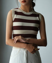 クルーネック配色ボーダーノースリーブニットsdpxyf6077-103-17