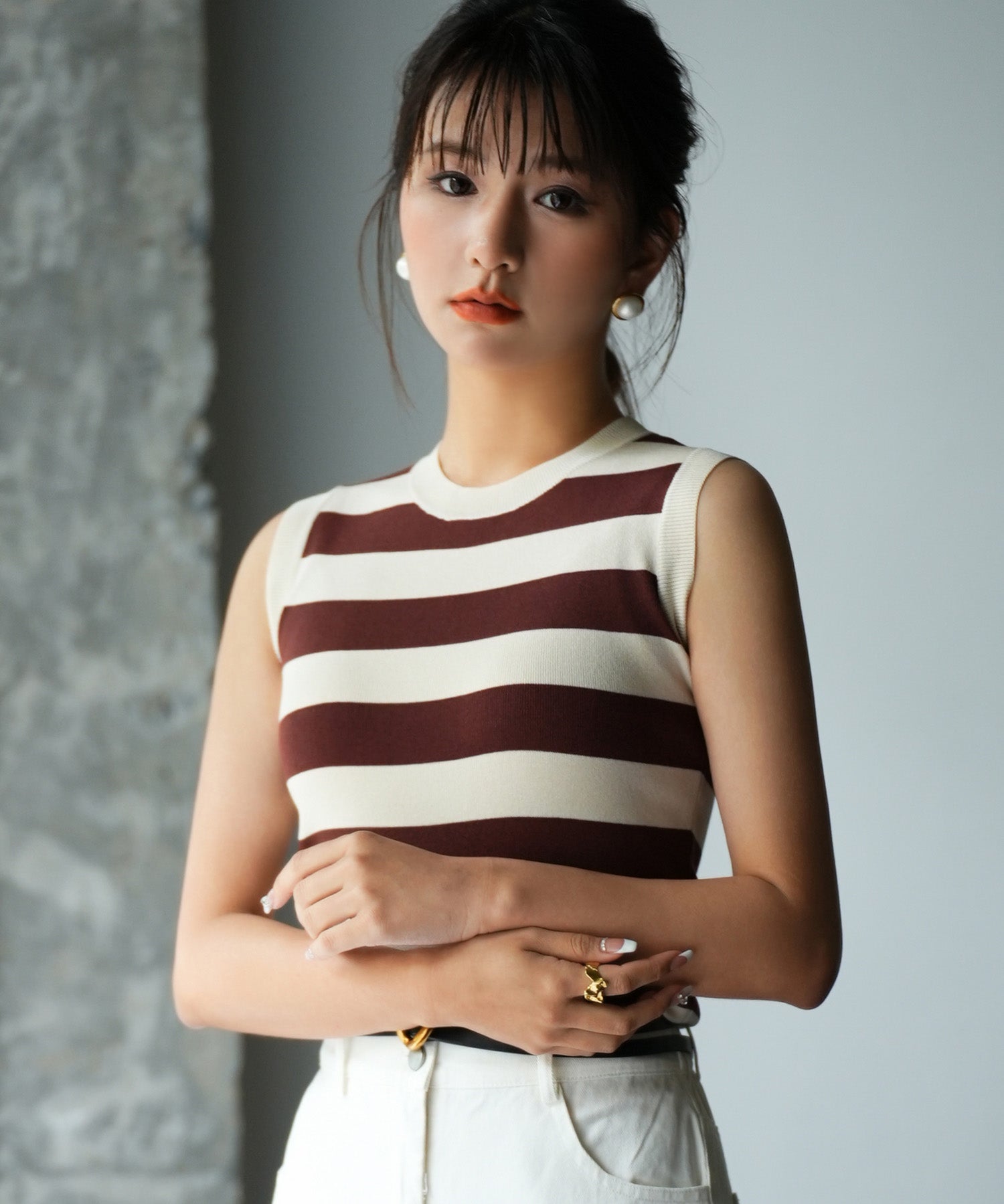 クルーネック配色ボーダーノースリーブニットsdpxyf6077 ブラウン