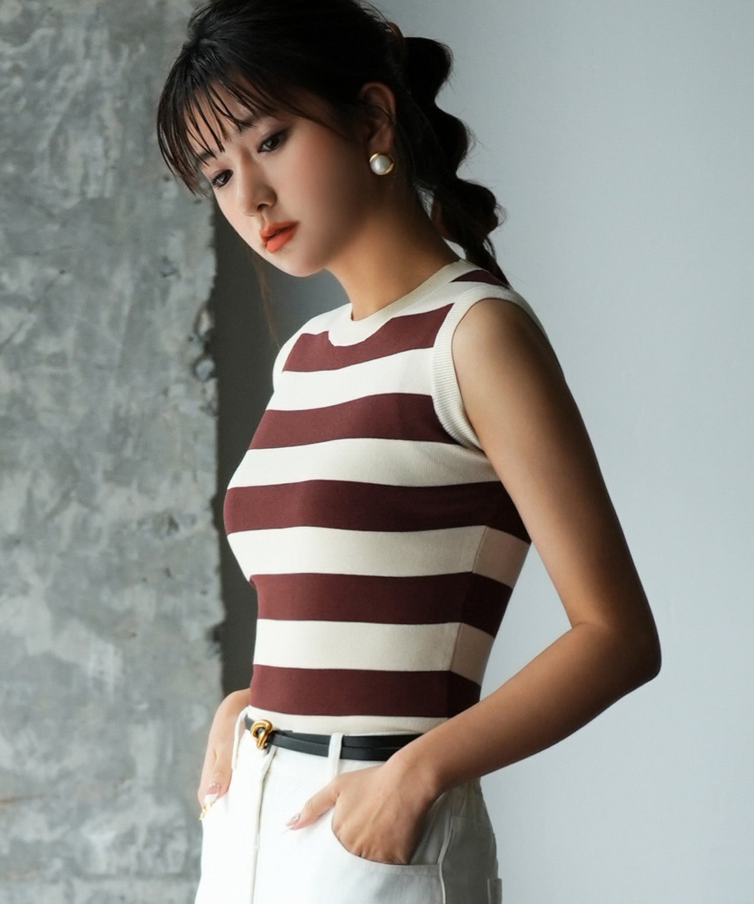 クルーネック配色ボーダーノースリーブニットsdpxyf6077 ブラウン