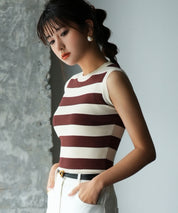 クルーネック配色ボーダーノースリーブニットsdpxyf6077 ブラウン