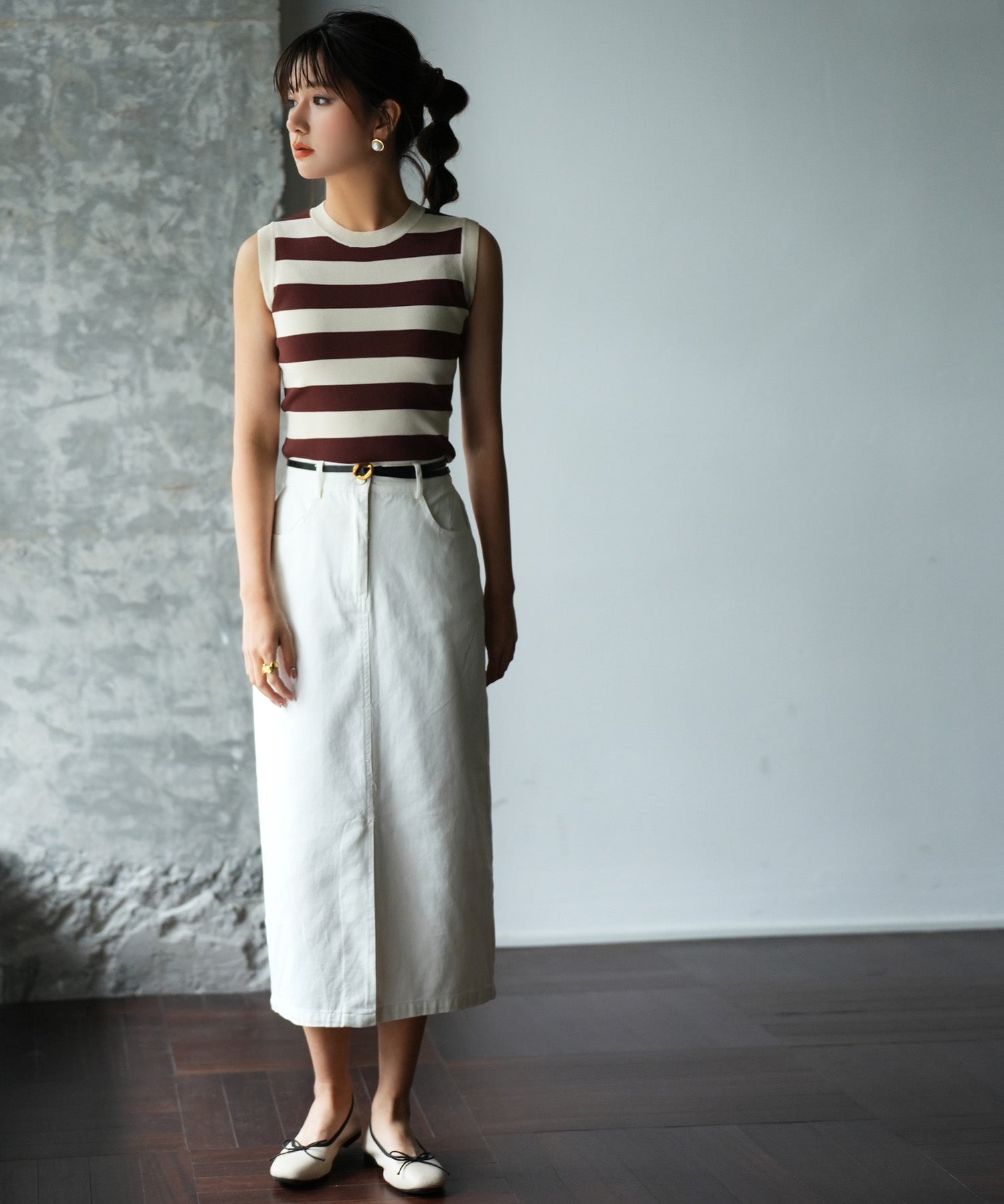 クルーネック配色ボーダーノースリーブニットsdpxyf6077 ブラウン