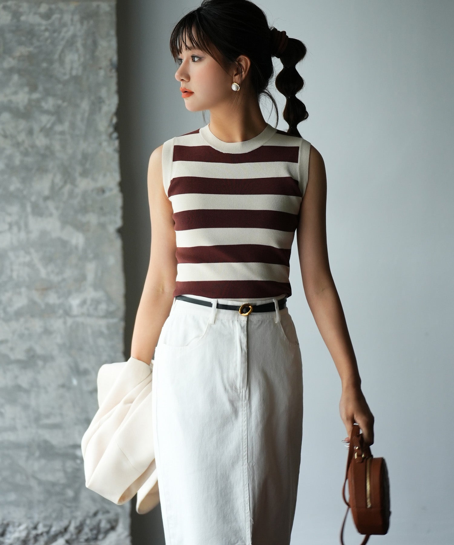 クルーネック配色ボーダーノースリーブニットsdpxyf6077 ブラウン