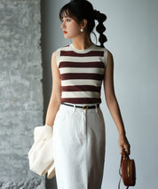 クルーネック配色ボーダーノースリーブニットsdpxyf6077 ブラウン