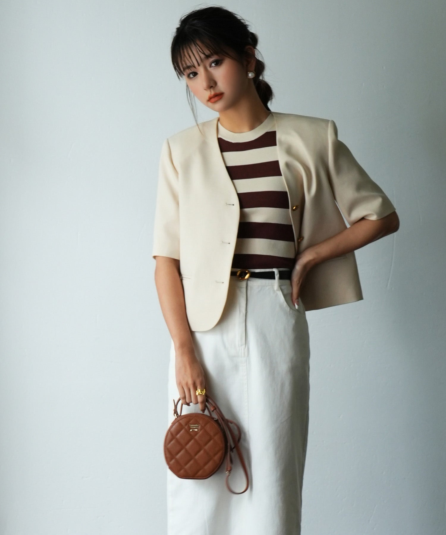 クルーネック配色ボーダーノースリーブニットsdpxyf6077 ブラウン