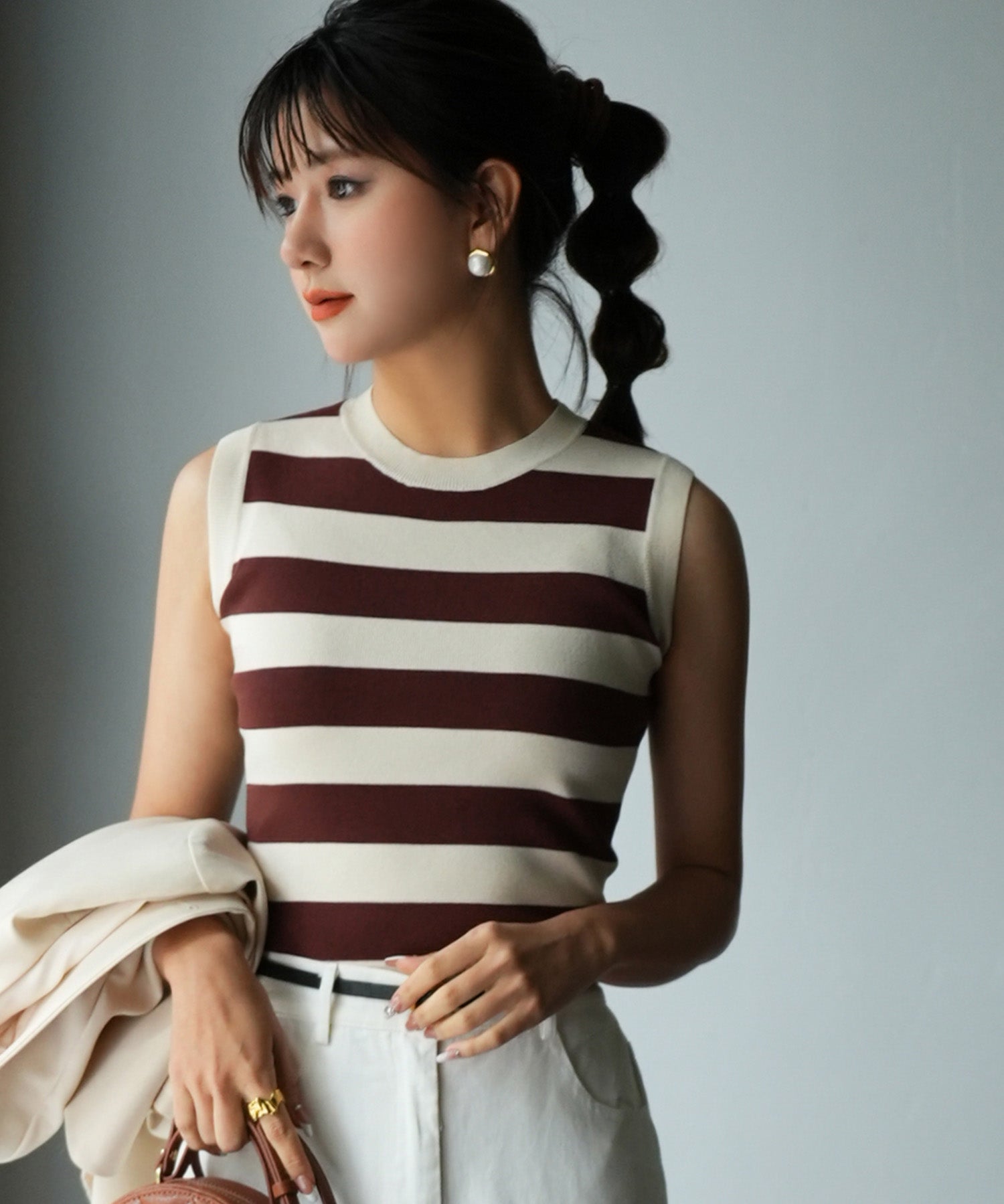 クルーネック配色ボーダーノースリーブニットsdpxyf6077 ブラウン