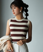 クルーネック配色ボーダーノースリーブニットsdpxyf6077 ブラウン