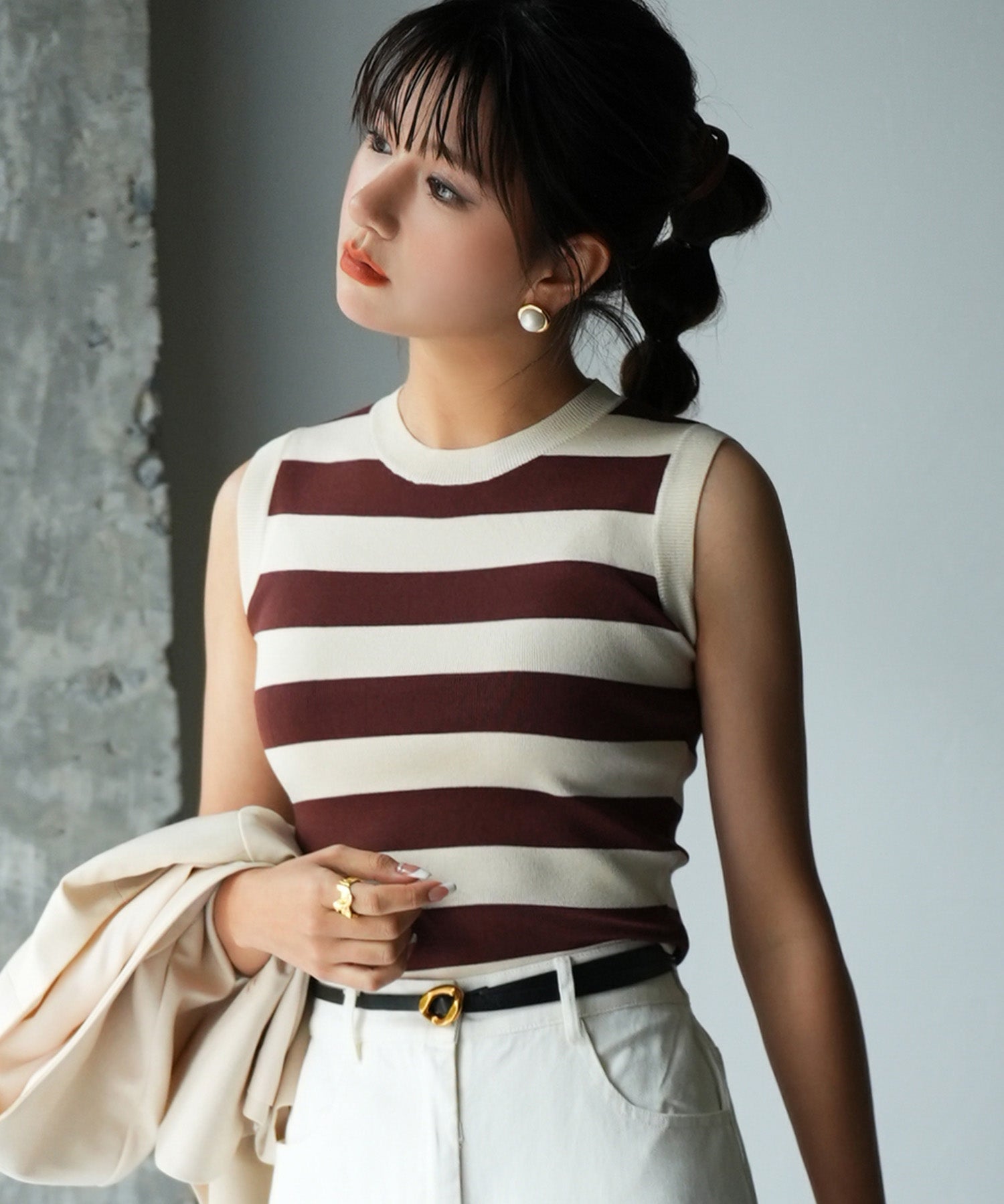 クルーネック配色ボーダーノースリーブニットsdpxyf6077 ブラウン