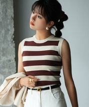 クルーネック配色ボーダーノースリーブニットsdpxyf6077 ブラウン