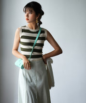 クルーネック配色ボーダーノースリーブニットsdpxyf6077 カーキ