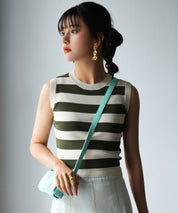 クルーネック配色ボーダーノースリーブニットsdpxyf6077 カーキ