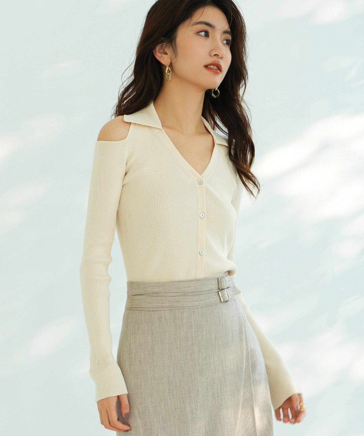 オープンショルダーVネックニットプルオーバsdpxyf6081 アイボリー