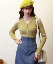 オープンショルダーVネックニットプルオーバsdpxyf6081 マスタード