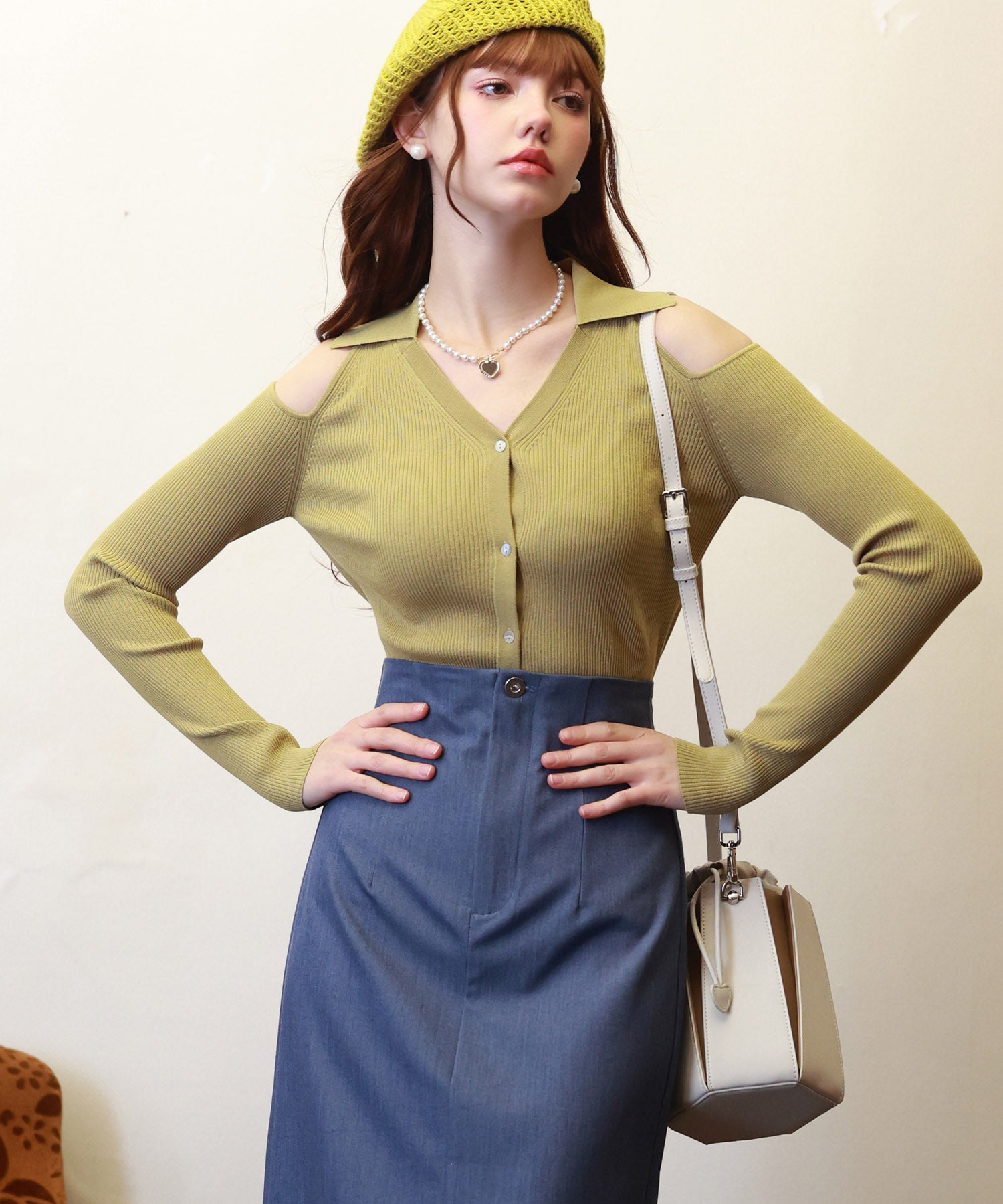 オープンショルダーVネックニットプルオーバsdpxyf6081 マスタード