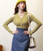 オープンショルダーVネックニットプルオーバsdpxyf6081 マスタード