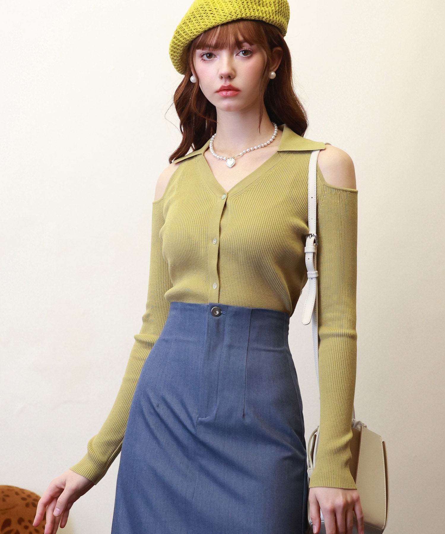 オープンショルダーVネックニットプルオーバsdpxyf6081 マスタード