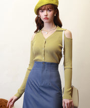 オープンショルダーVネックニットプルオーバsdpxyf6081 マスタード