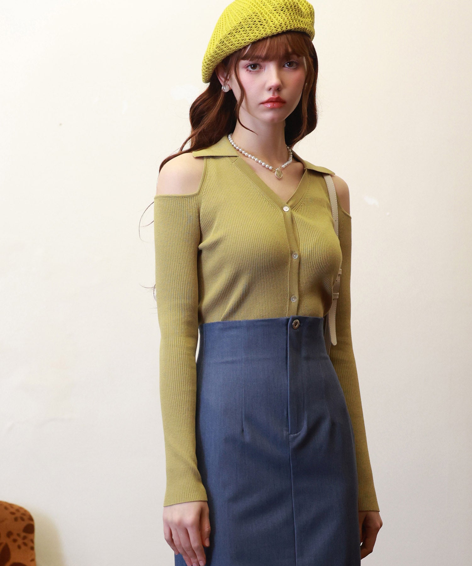 オープンショルダーVネックニットプルオーバsdpxyf6081 マスタード