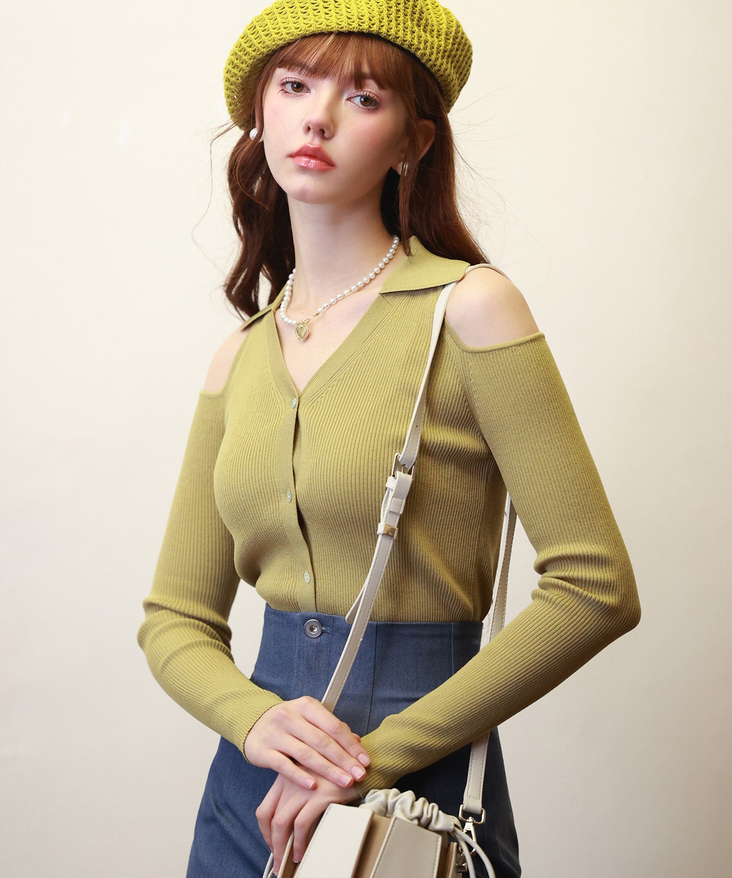 オープンショルダーVネックニットプルオーバsdpxyf6081 マスタード