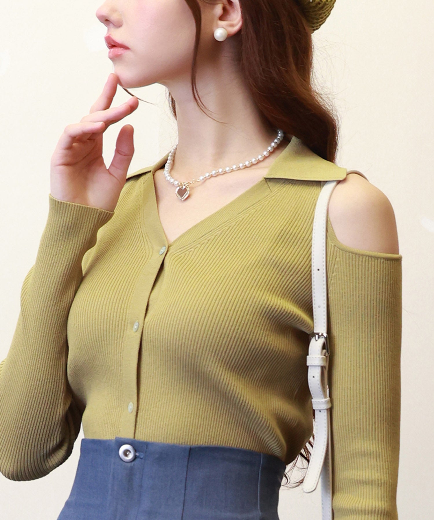 オープンショルダーVネックニットプルオーバsdpxyf6081 マスタード