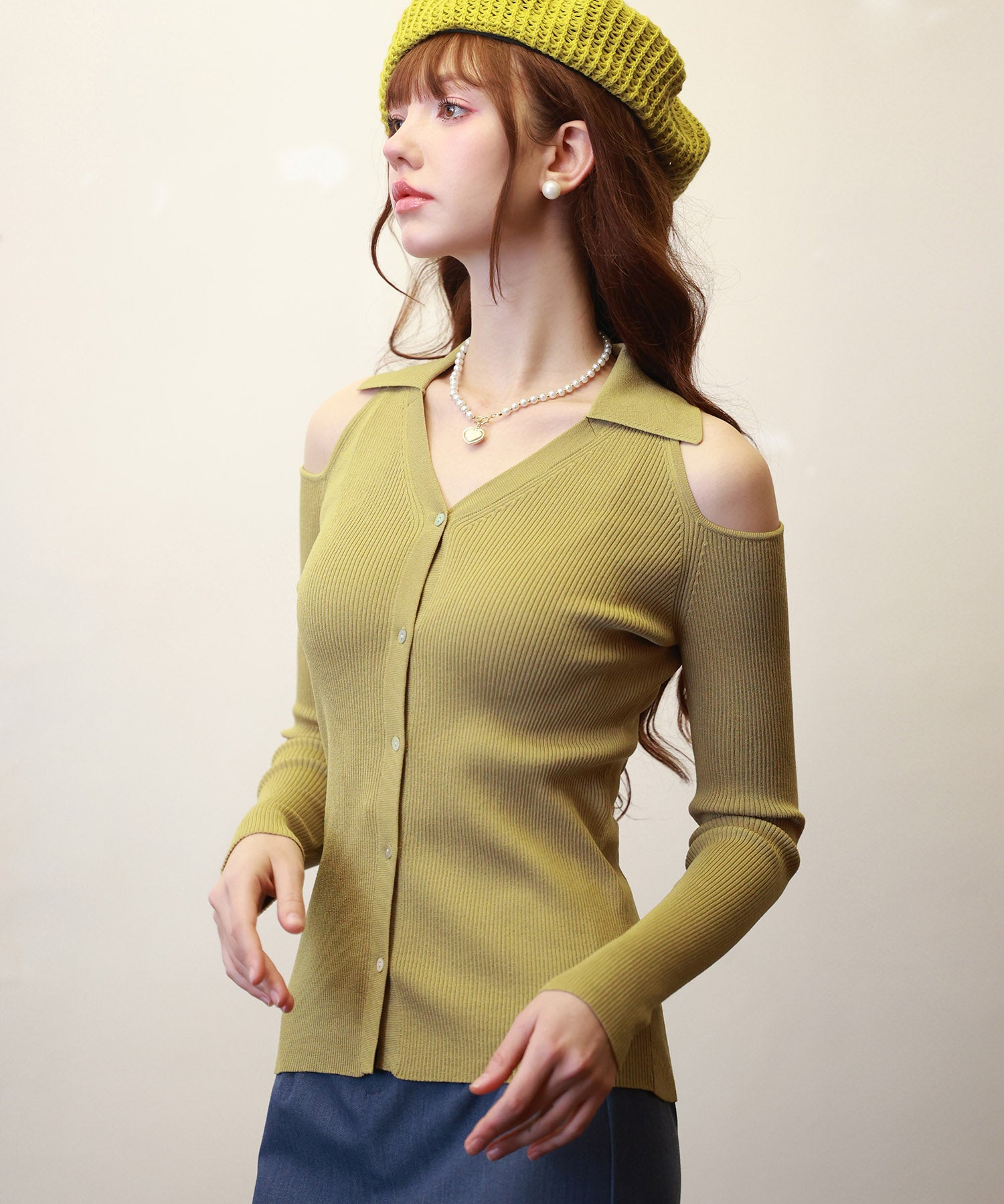 オープンショルダーVネックニットプルオーバsdpxyf6081 マスタード