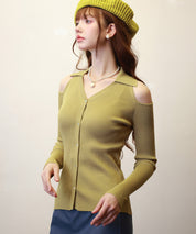 オープンショルダーVネックニットプルオーバsdpxyf6081 マスタード