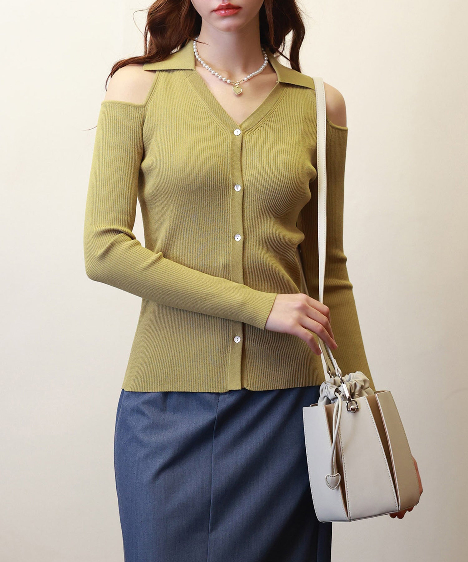 オープンショルダーVネックニットプルオーバsdpxyf6081 マスタード