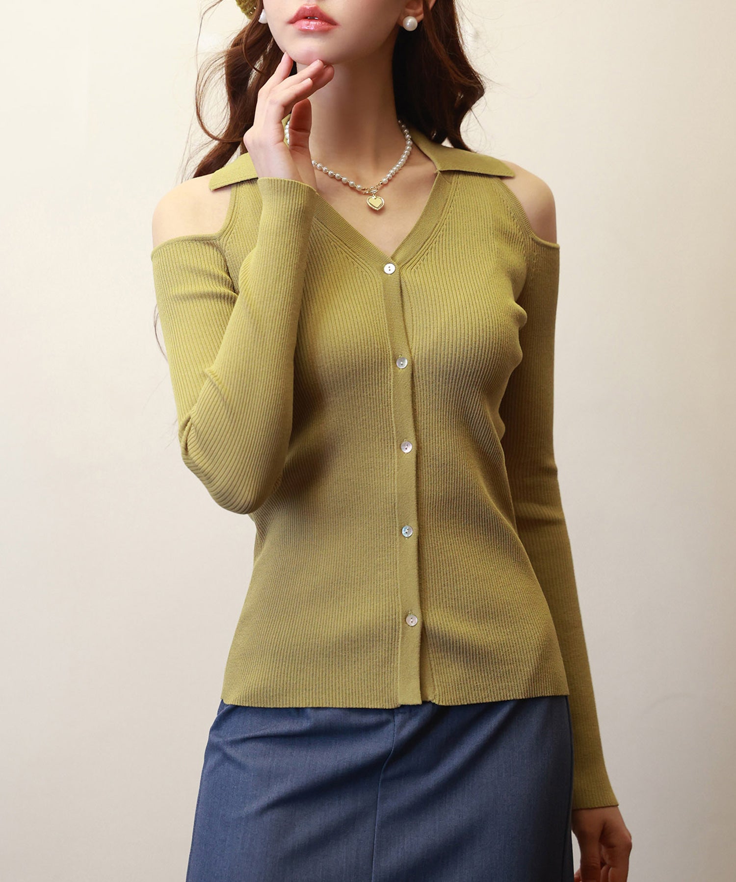 オープンショルダーVネックニットプルオーバsdpxyf6081 マスタード