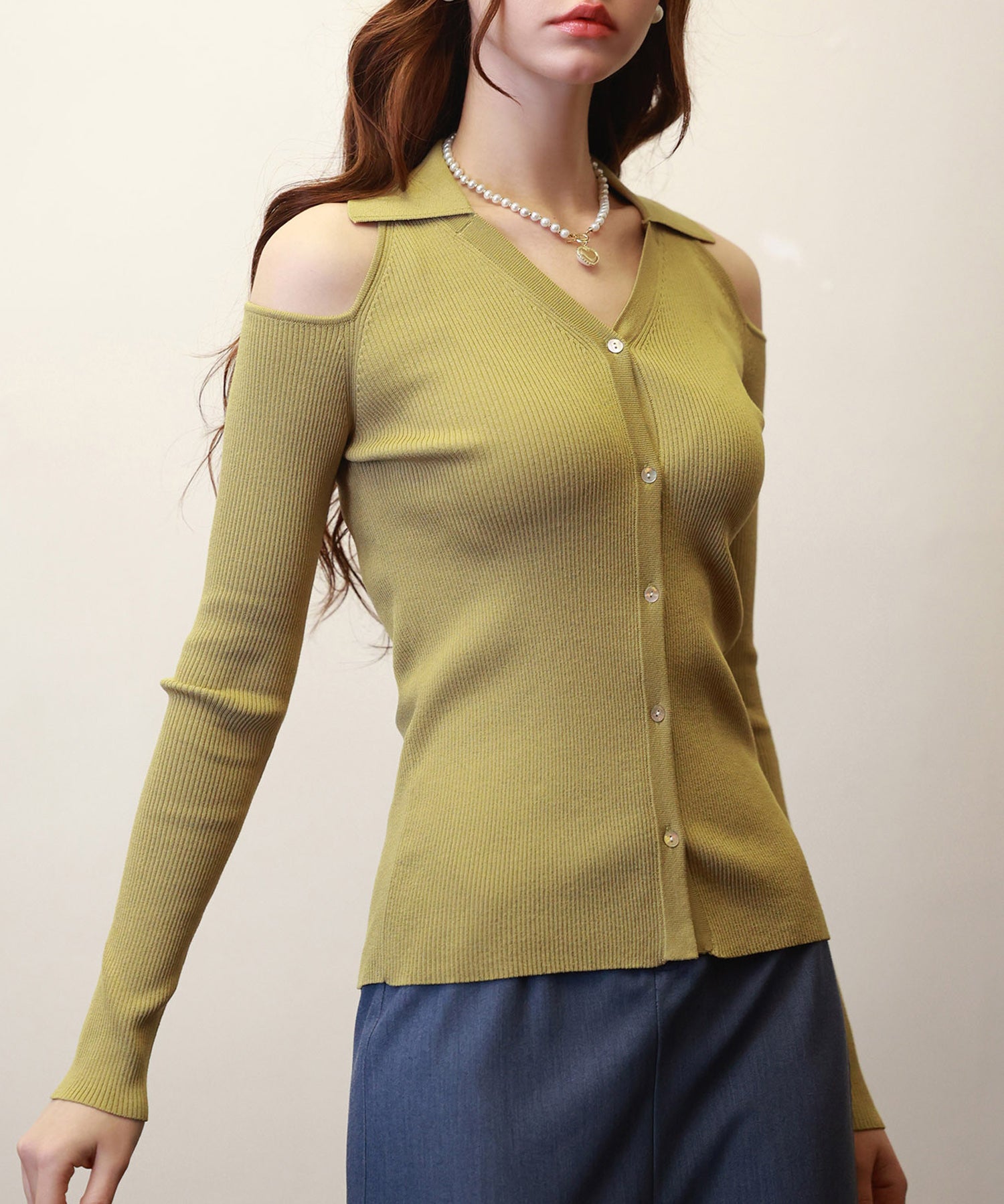 オープンショルダーVネックニットプルオーバsdpxyf6081 マスタード