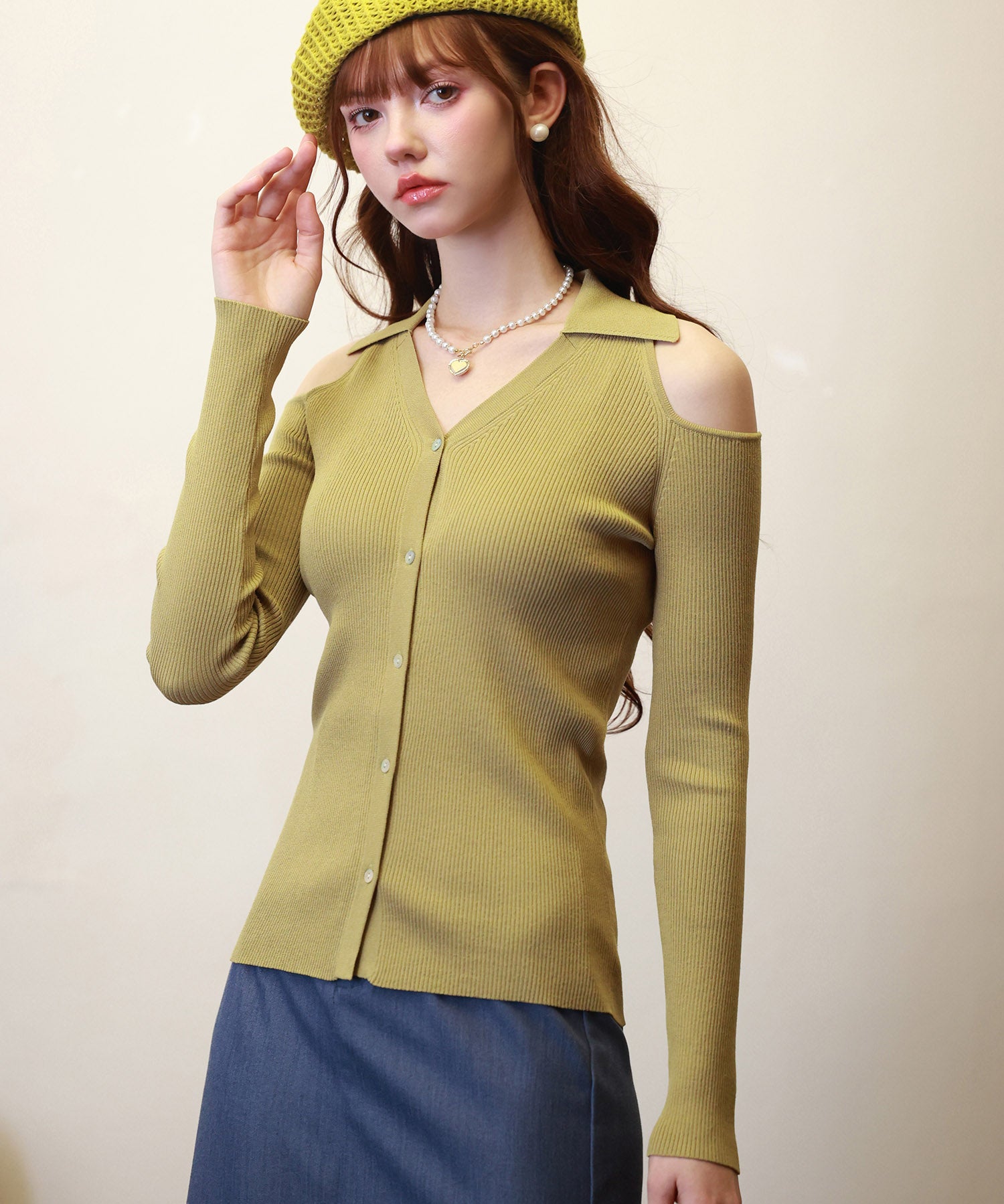 オープンショルダーVネックニットプルオーバsdpxyf6081 マスタード