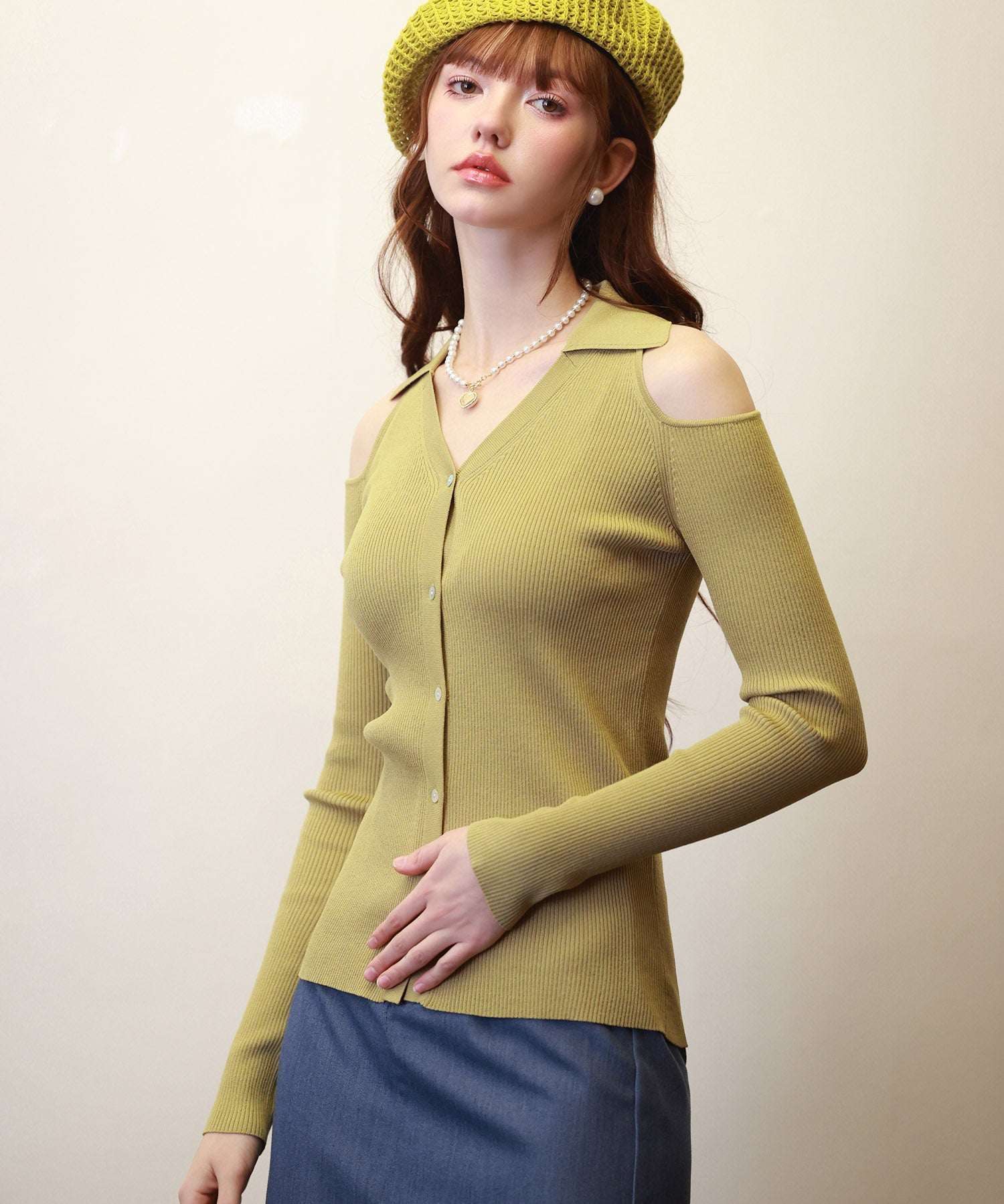 オープンショルダーVネックニットプルオーバsdpxyf6081 マスタード