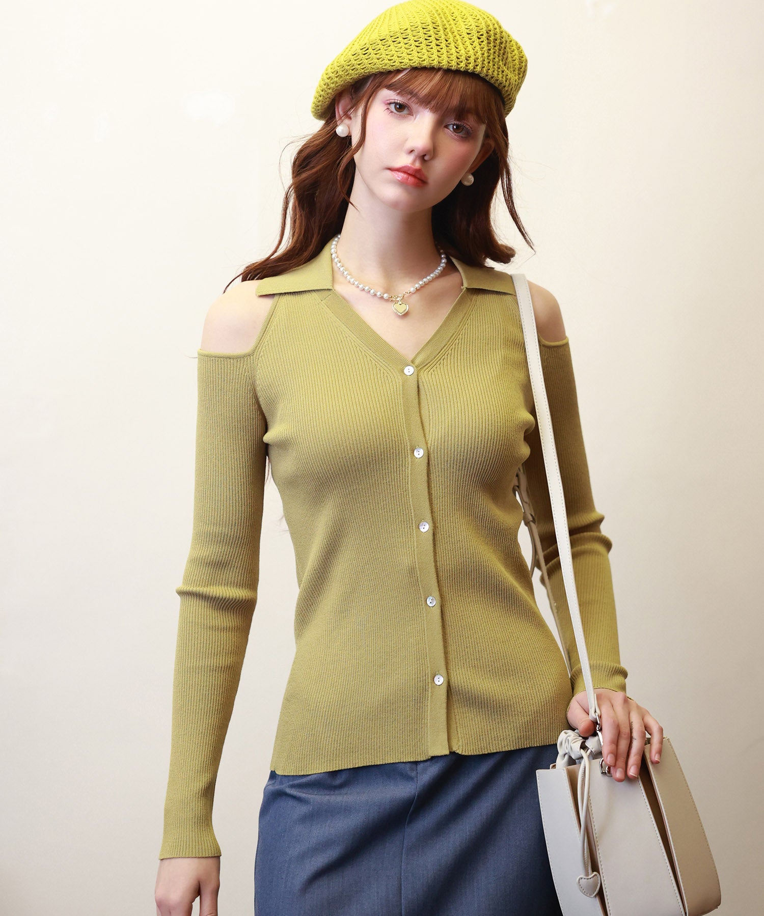 オープンショルダーVネックニットプルオーバsdpxyf6081 マスタード