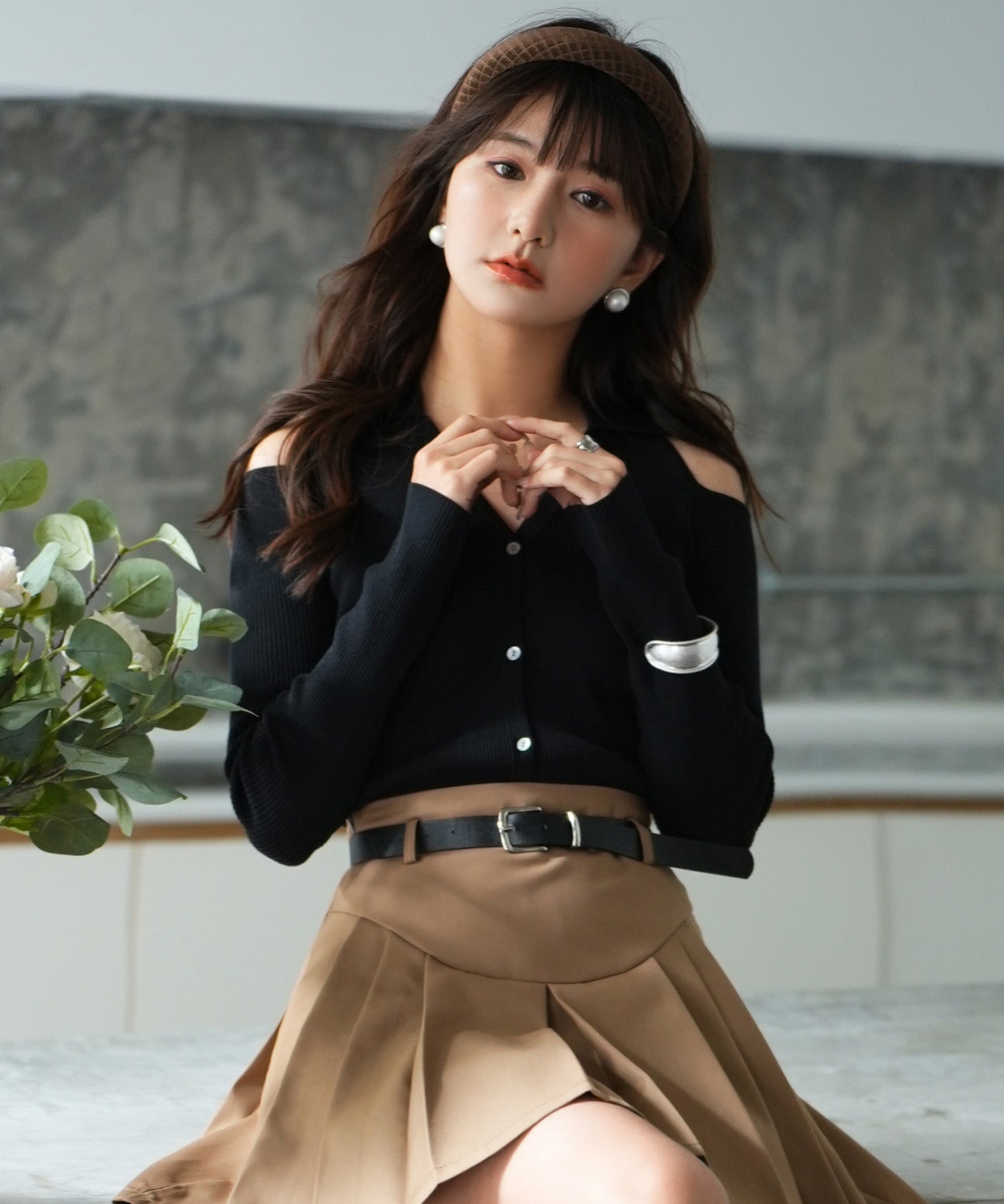 オープンショルダーVネックニットプルオーバsdpxyf6081 ブラック