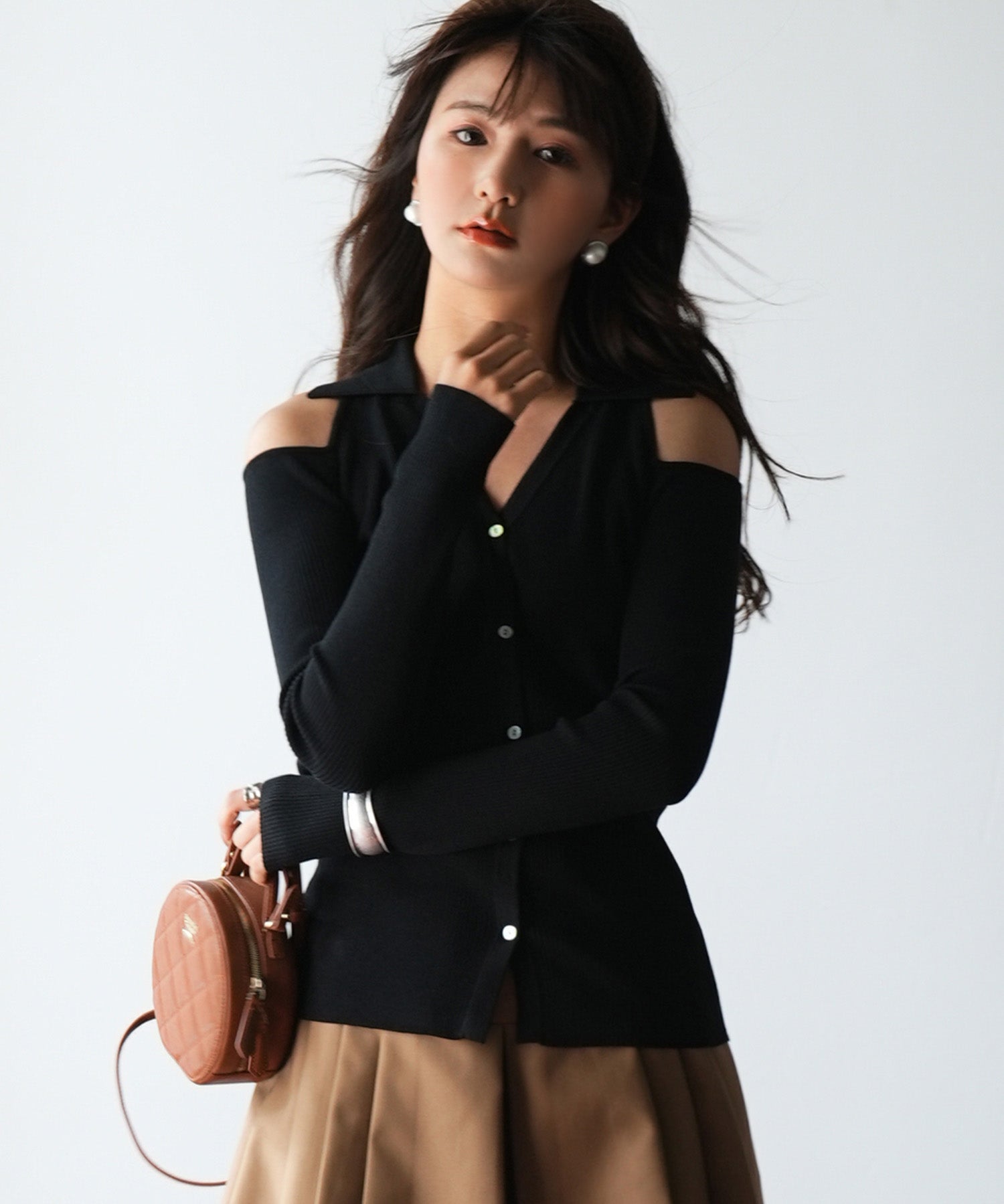 オープンショルダーVネックニットプルオーバsdpxyf6081 ブラック