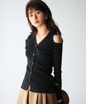 オープンショルダーVネックニットプルオーバsdpxyf6081 ブラック