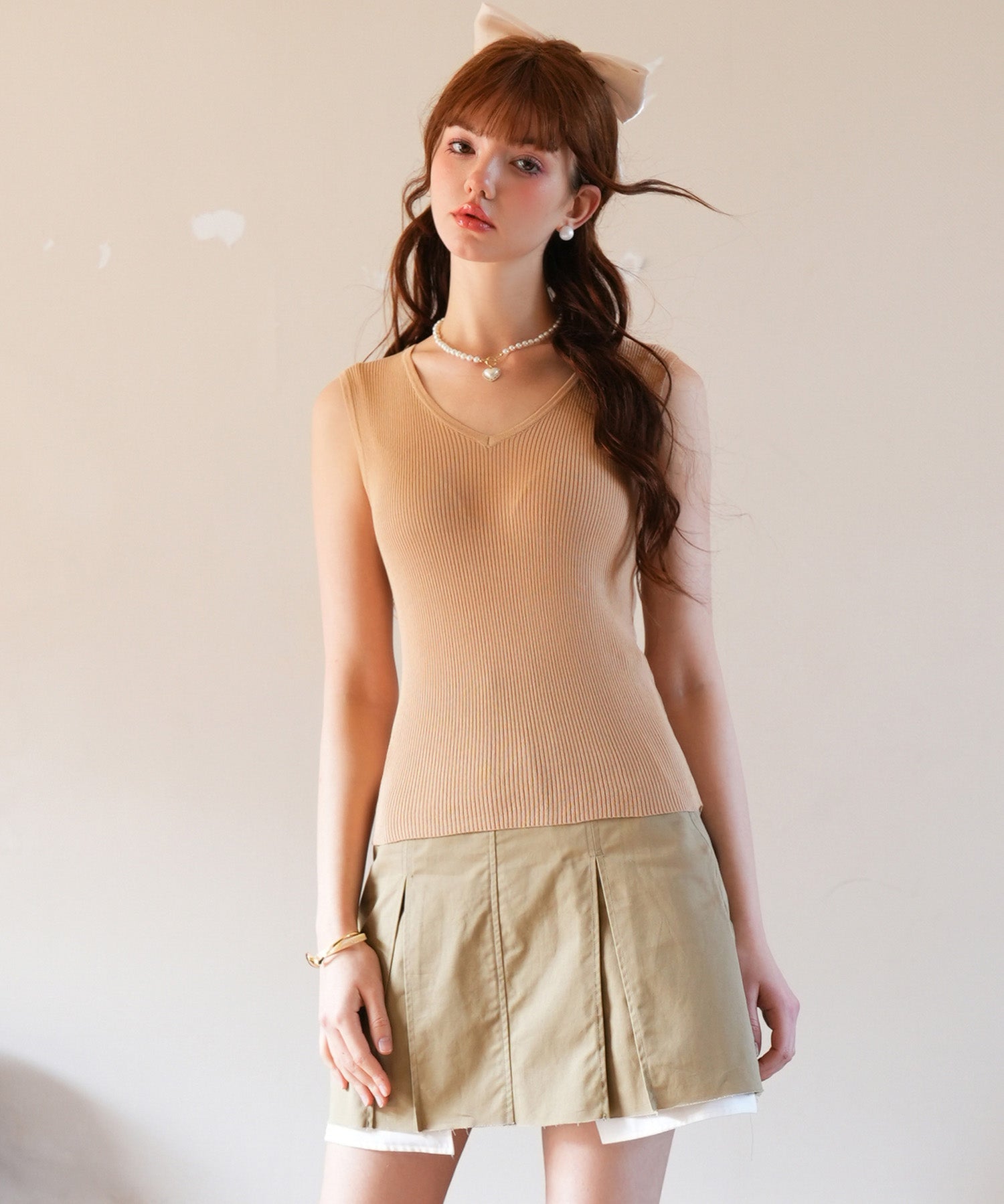 Vネックノースリーブサマーリブニットsdpxyf6083 ベージュ