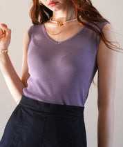 Vネックノースリーブサマーリブニットsdpxyf6083 パープル