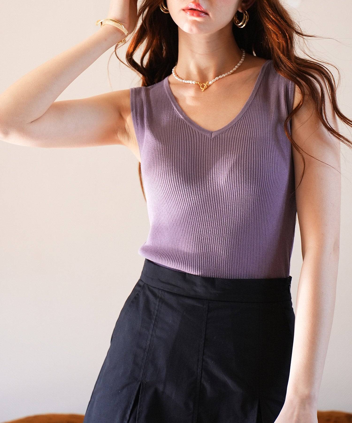 Vネックノースリーブサマーリブニットsdpxyf6083 パープル