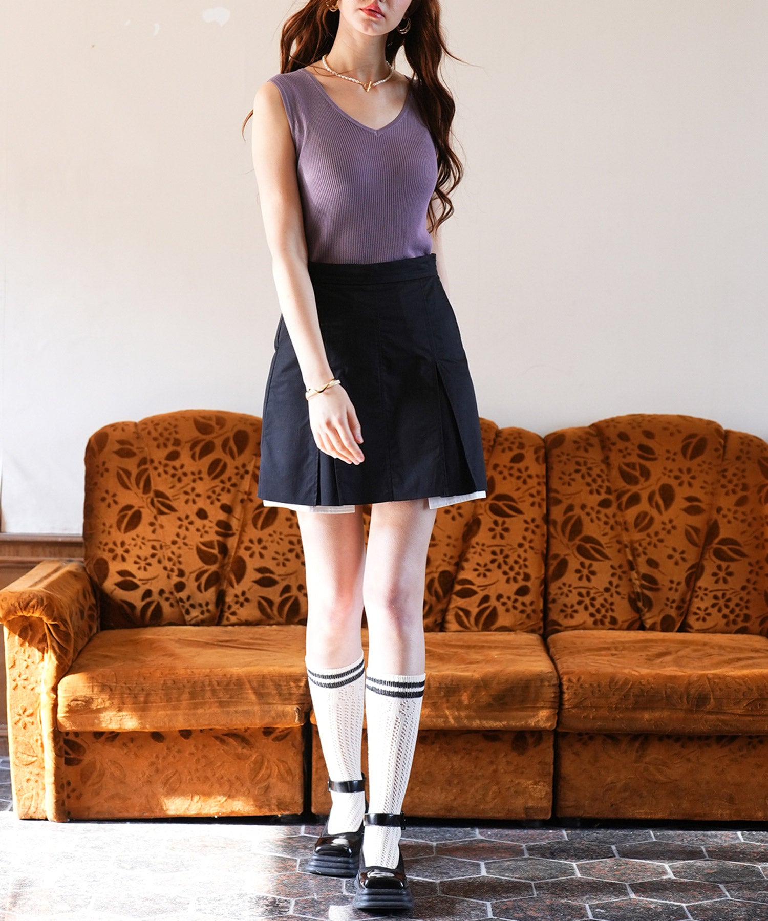 Vネックノースリーブサマーリブニットsdpxyf6083 パープル