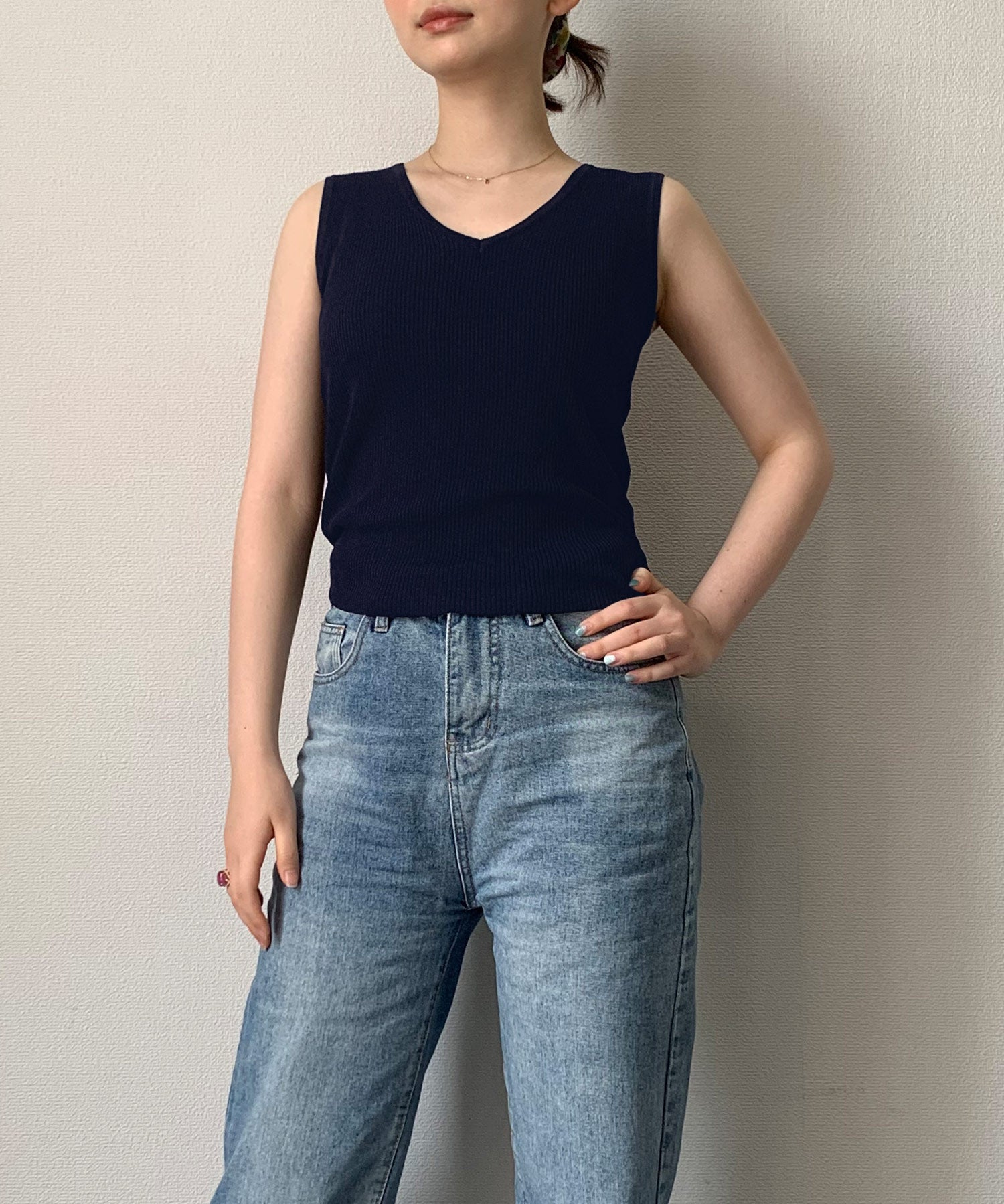 Vネックノースリーブサマーリブニットsdpxyf6083 ネイビー