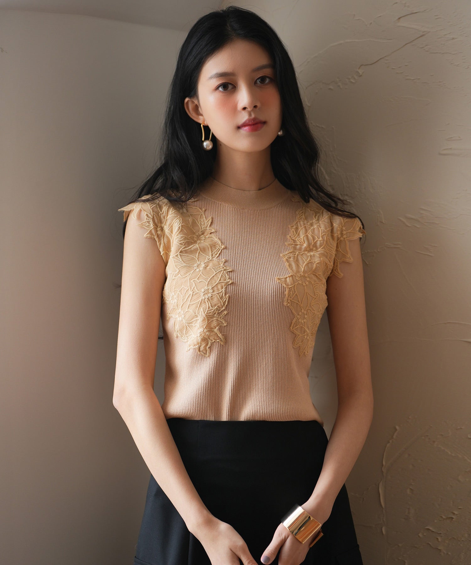 レースモチーフスリーブサマーリブニットsdpxyf6086ベージュ