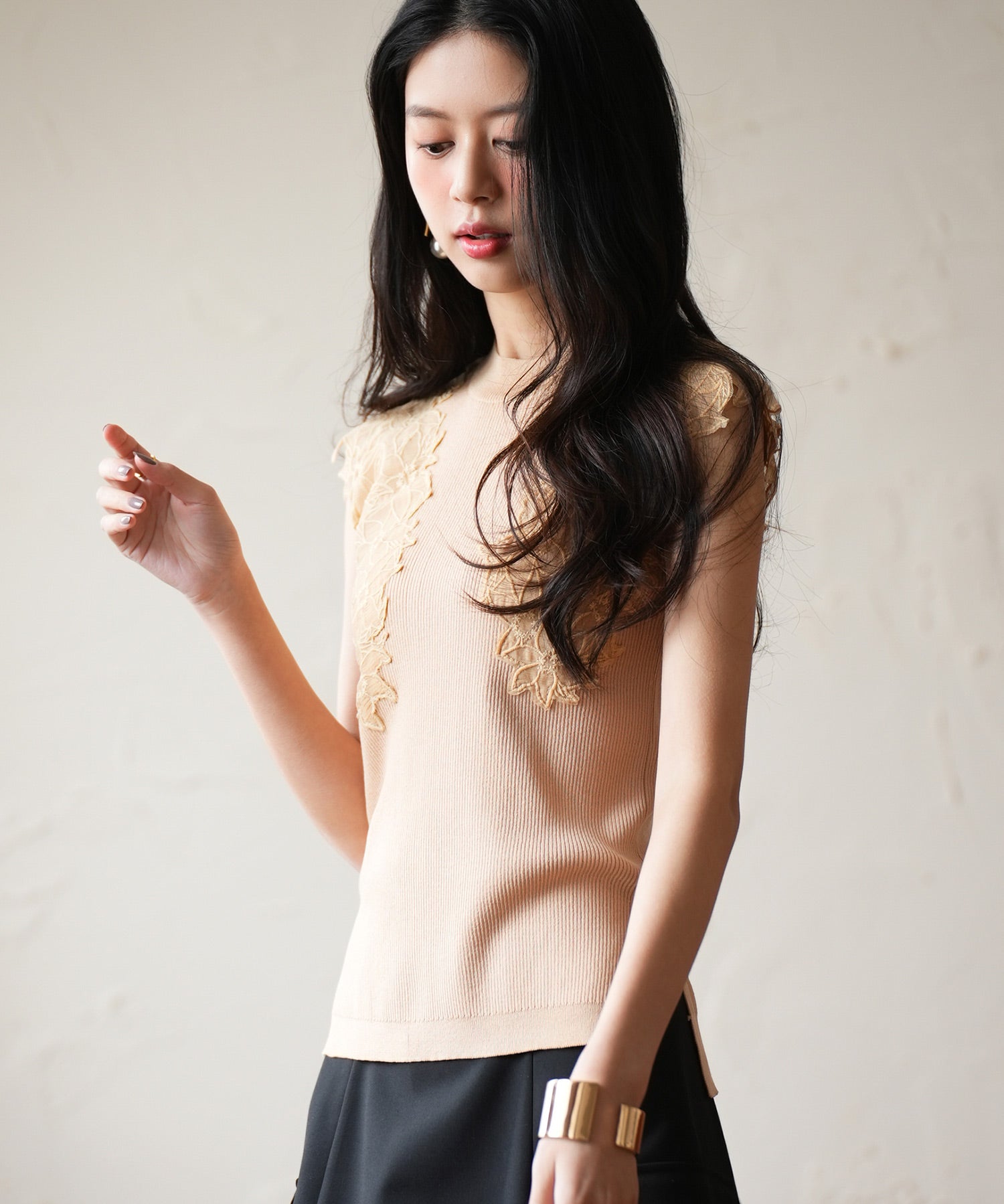 レースモチーフスリーブサマーリブニットsdpxyf6086ベージュ