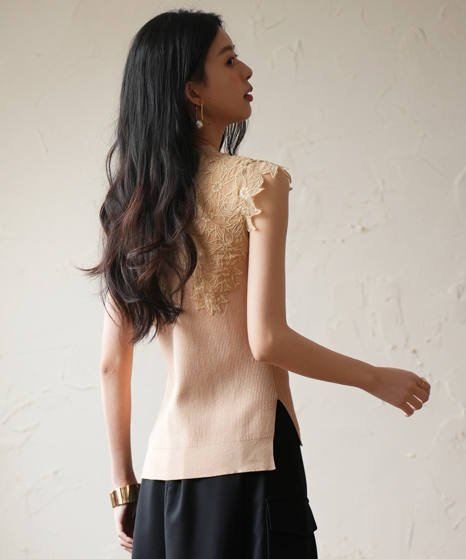 レースモチーフスリーブサマーリブニットsdpxyf6086ベージュ