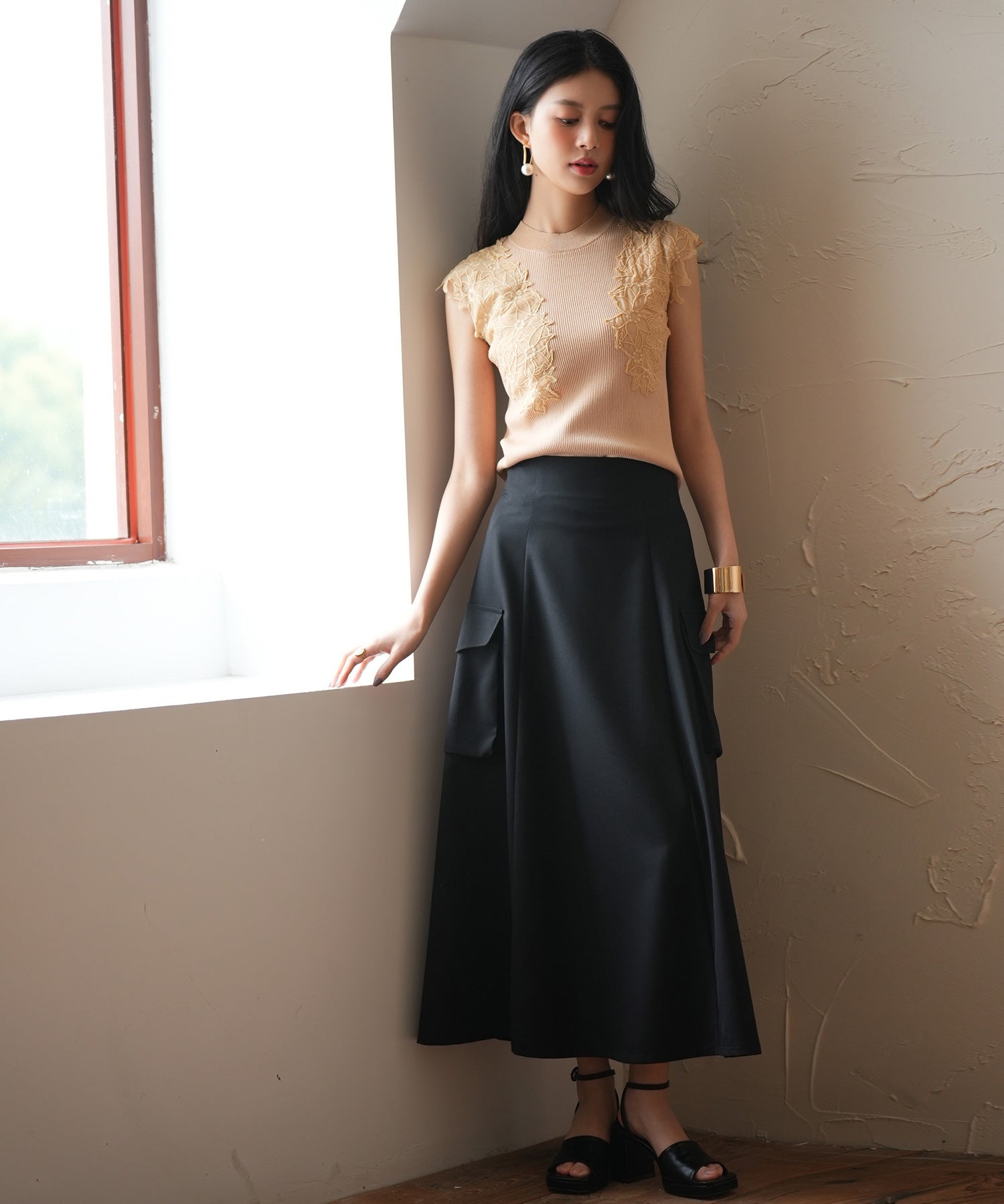 レースモチーフスリーブサマーリブニットsdpxyf6086ベージュ