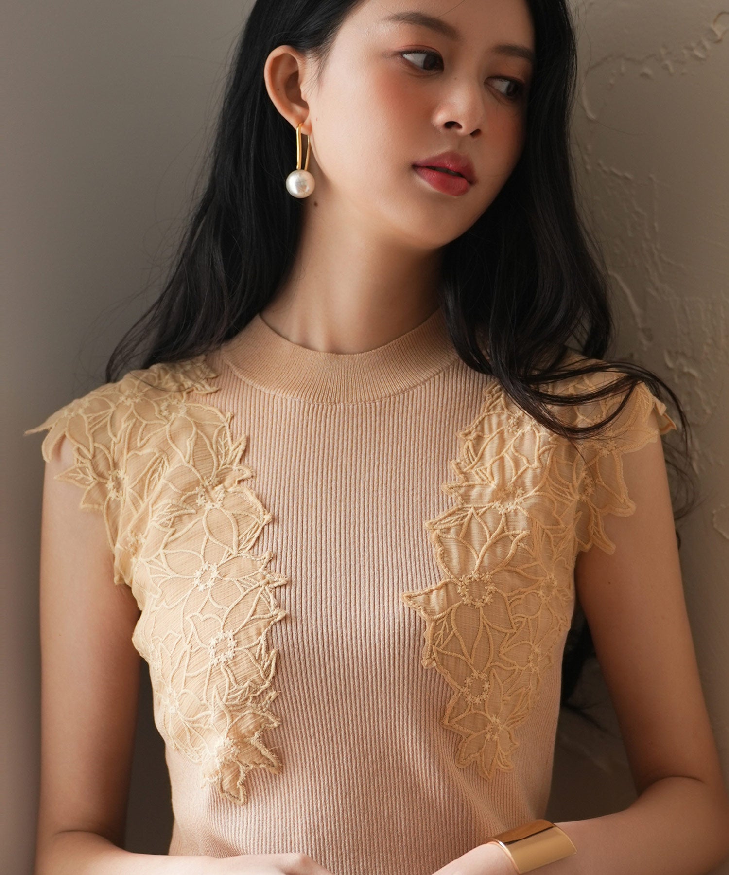 レースモチーフスリーブサマーリブニットsdpxyf6086ベージュ