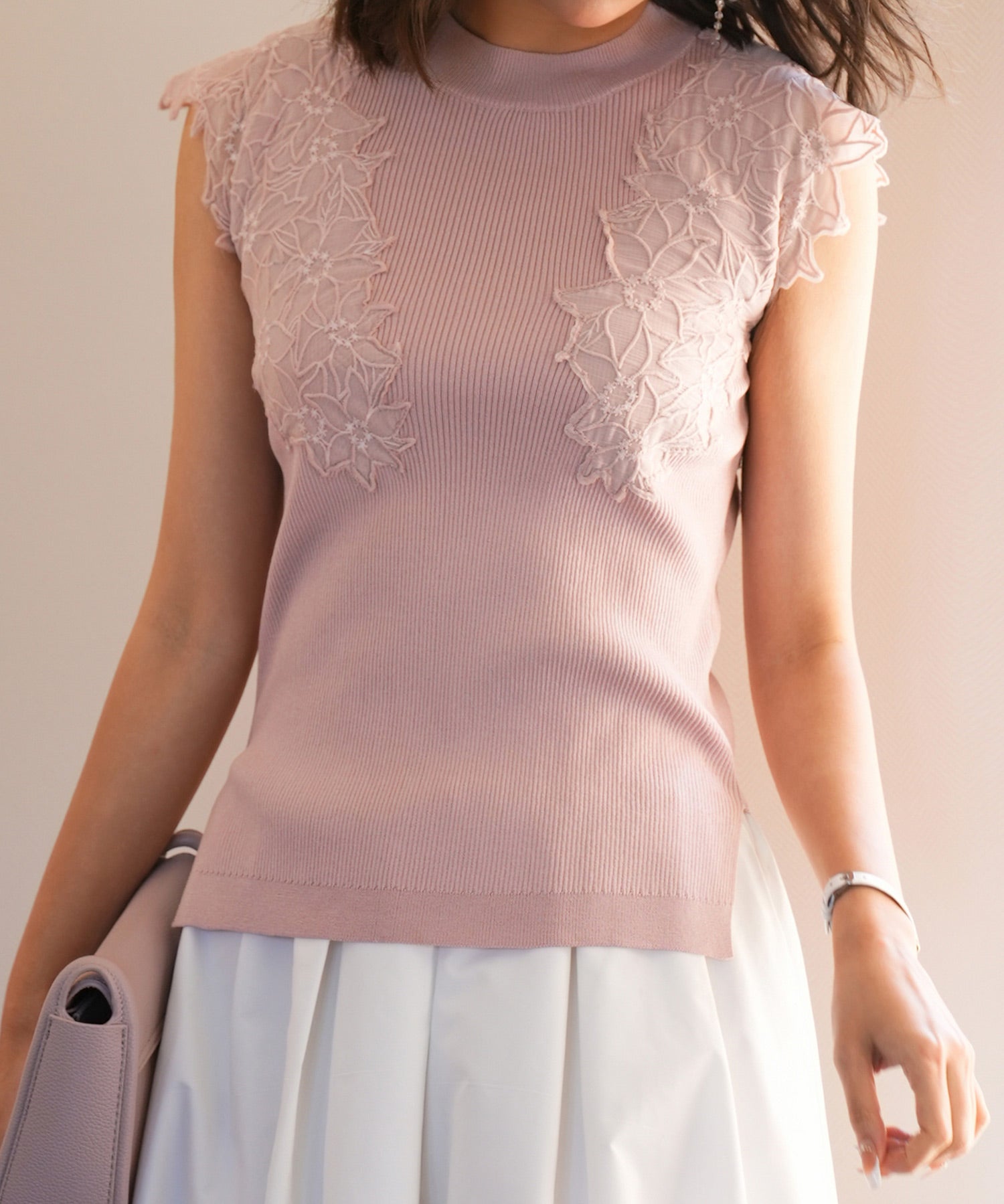 レースモチーフスリーブサマーリブニットsdpxyf6086 ピンク