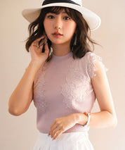 レースモチーフスリーブサマーリブニットsdpxyf6086 ピンク